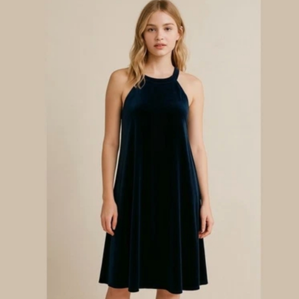 Navy Velvet Halter Swing Dress